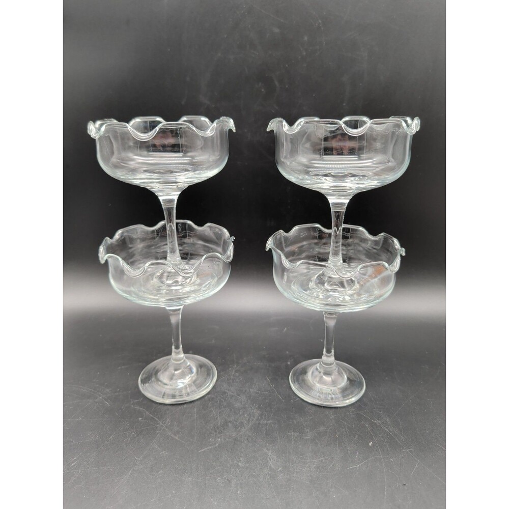 Set of 4 Vintage Clear Glass Dessert Cups Ruffled Rim Pedestal Sherbet Sundae